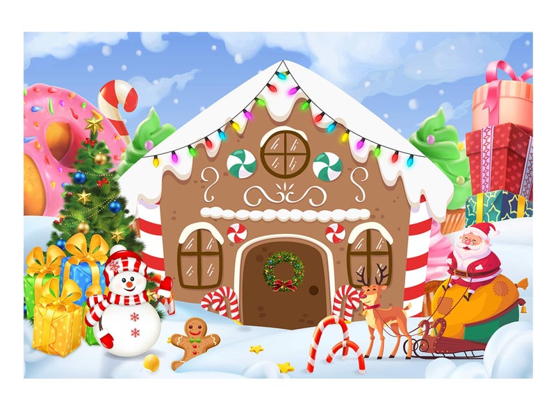 Funnytree 7x5ft Christmas Gingerbread House Backdrop for Party Winter Merry Xmas Candy Gifts Photography Background Santa Baby Shower Birthday Portrait Cake Table Decoration Banner Photo Booth - Image 1